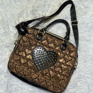 Betsy Johnson Quilted Leopard Print Gold Spikes Laptop Zip Up Crossbody Purse